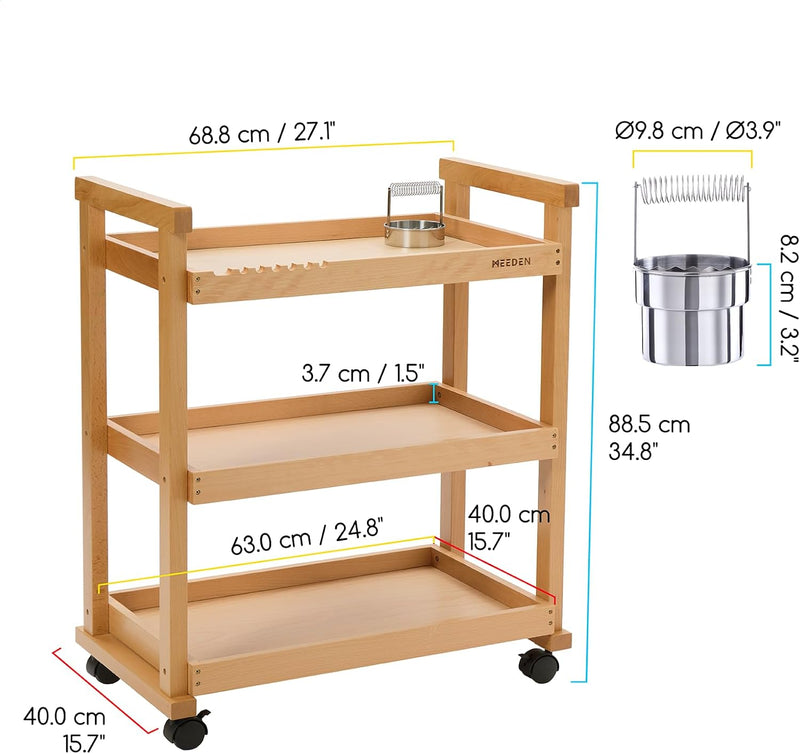Rolling Art Supply Cart: Solid Beech Wood 3-Tier