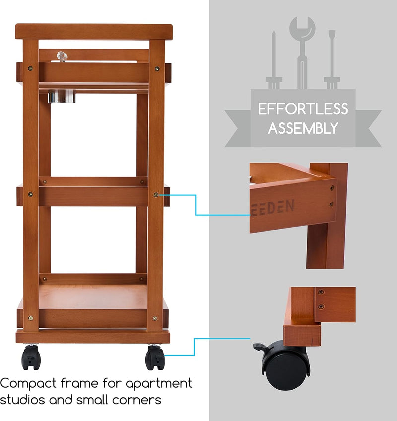 Rolling Art Supply Cart: Solid Beech Wood 3-Tier
