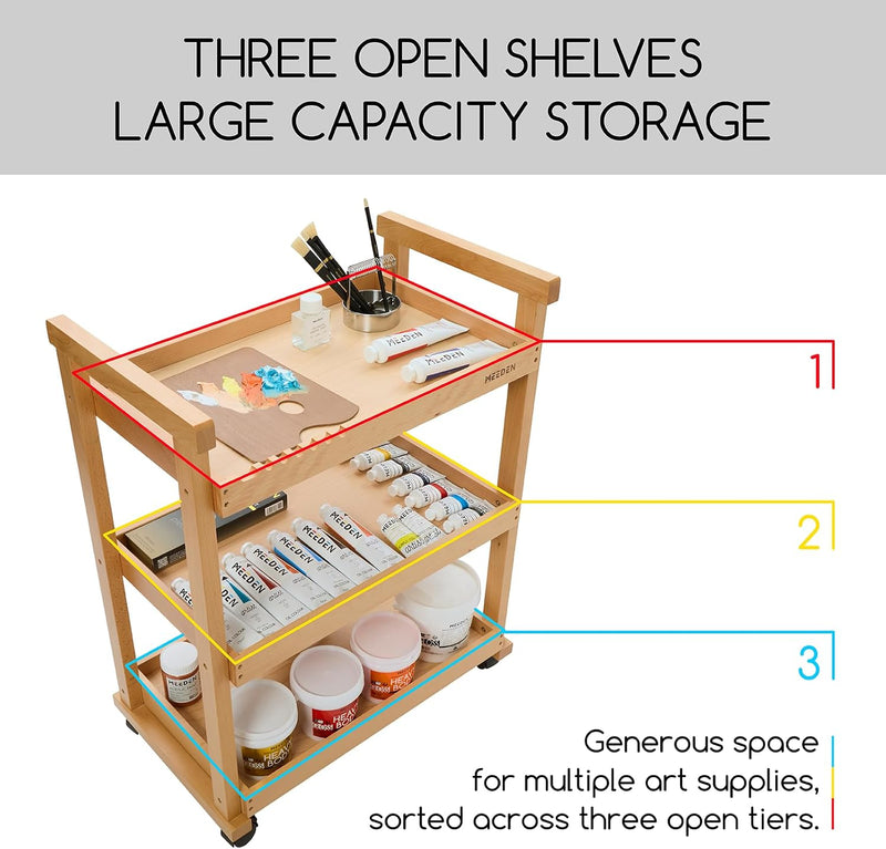 Rolling Art Supply Cart: Solid Beech Wood 3-Tier