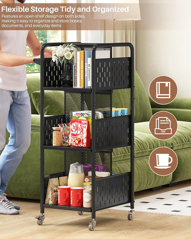 Rolling Book Cart 3-Tier Metal Bookshelf with Wheels