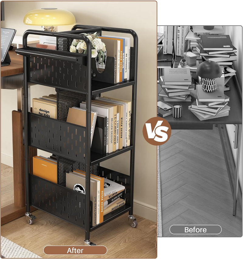 Rolling Book Cart 3-Tier Metal Bookshelf with Wheels