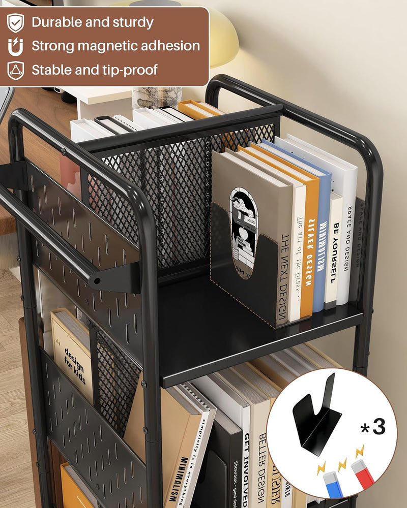 Rolling Book Cart 3-Tier Metal Bookshelf with Wheels