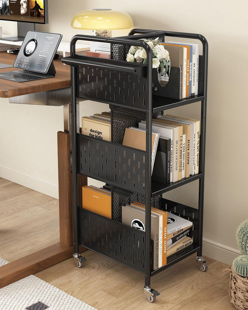Rolling Book Cart 3-Tier Metal Bookshelf with Wheels