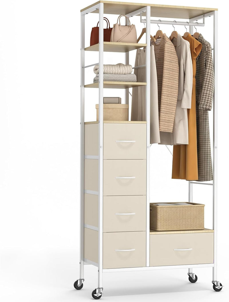 Rolling Coat Rack with 5 Drawers Mobile Closet