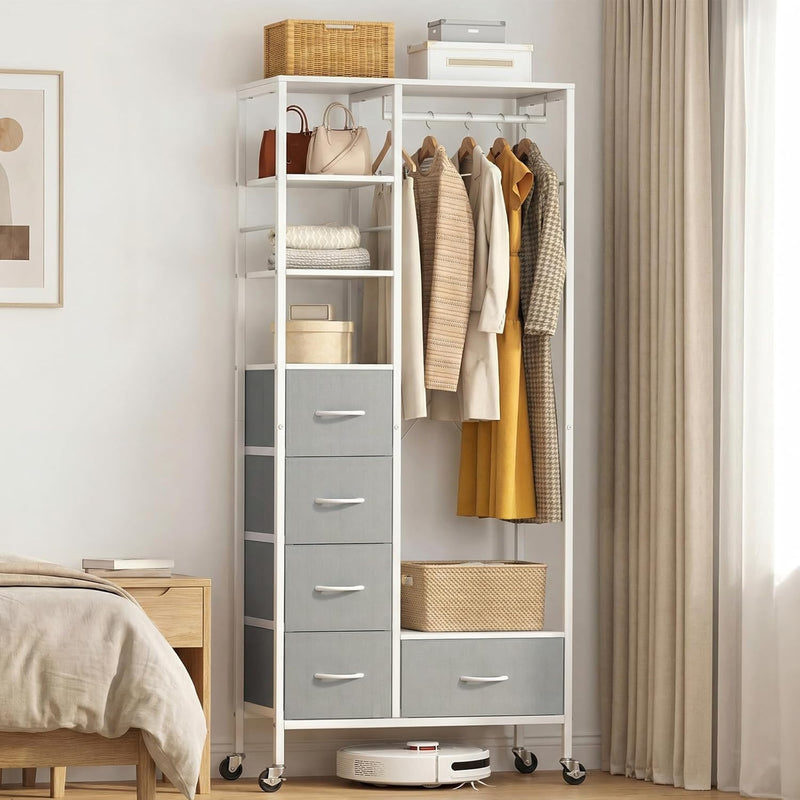 Rolling Coat Rack with 5 Drawers Mobile Closet