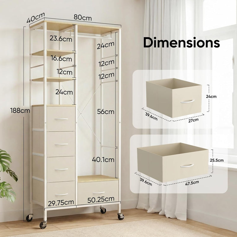 Rolling Coat Rack with 5 Drawers Mobile Closet