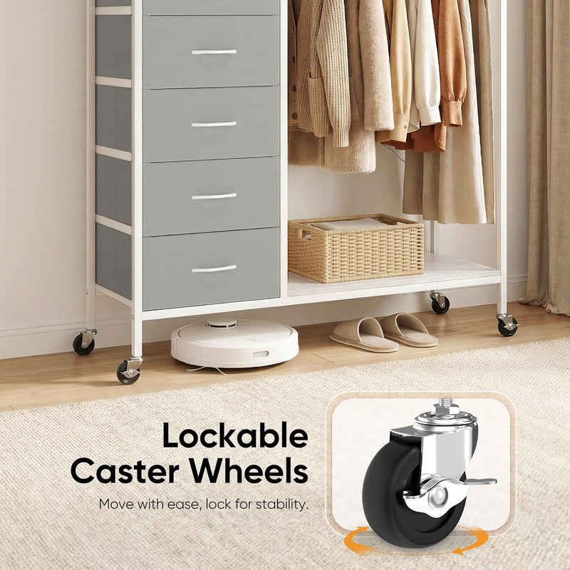 Rolling Coat Rack with 5 Drawers Mobile Closet
