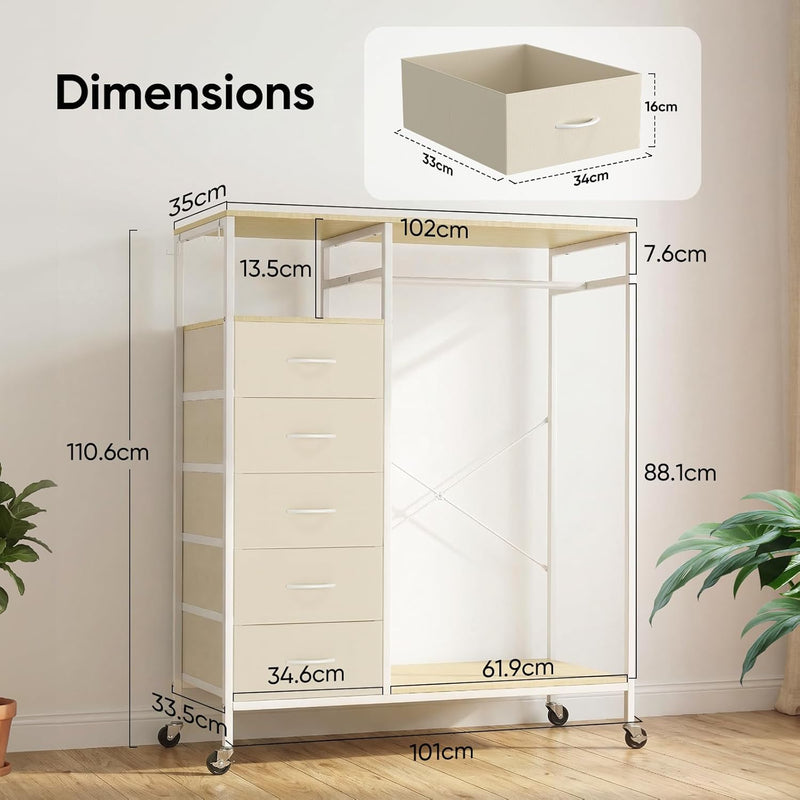 Rolling Coat Rack with 5 Drawers Mobile Closet
