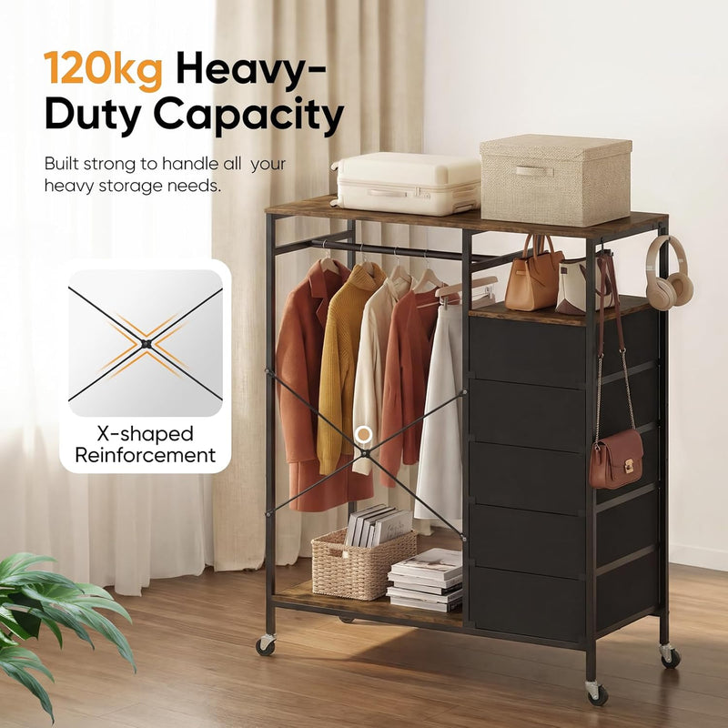 Rolling Coat Rack with 5 Drawers Mobile Closet