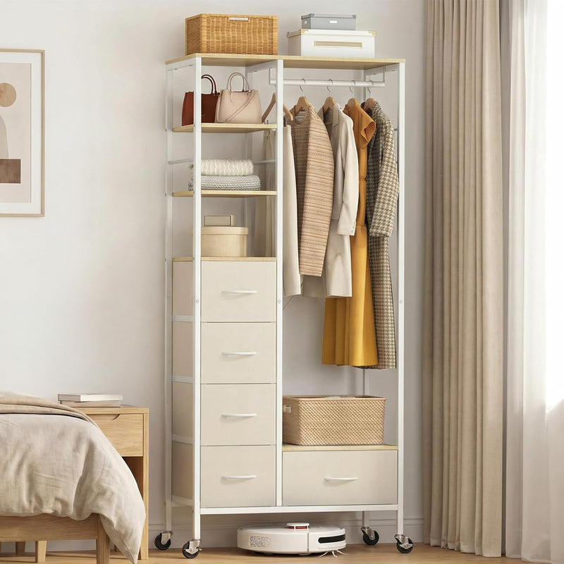 Rolling Coat Rack with 5 Drawers Mobile Closet