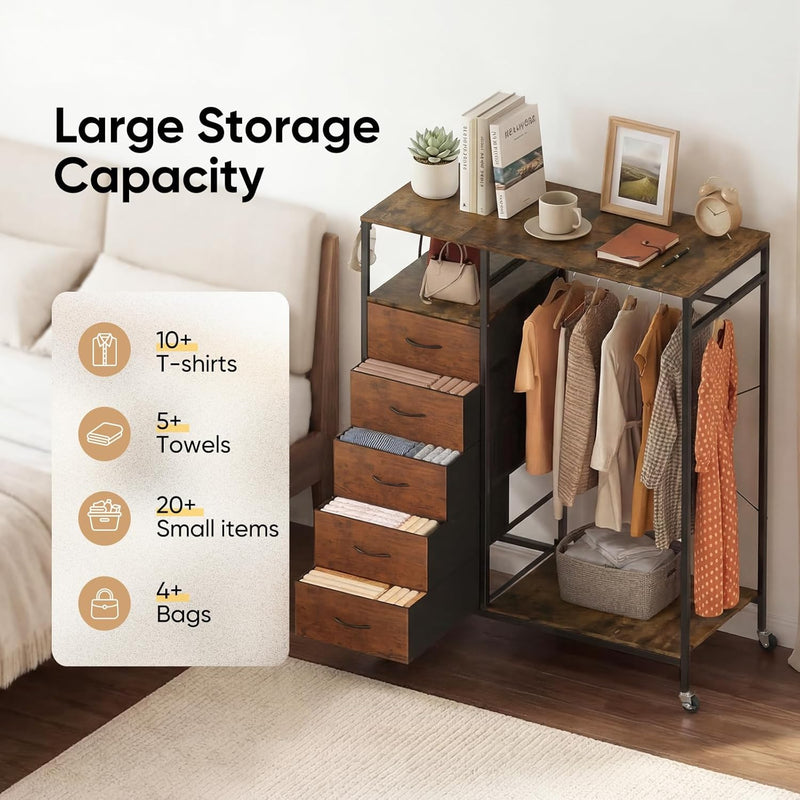 Rolling Coat Rack with 5 Drawers Mobile Closet