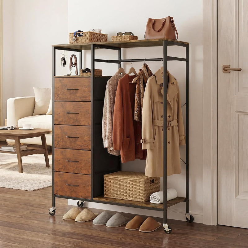 Rolling Coat Rack with 5 Drawers Mobile Closet