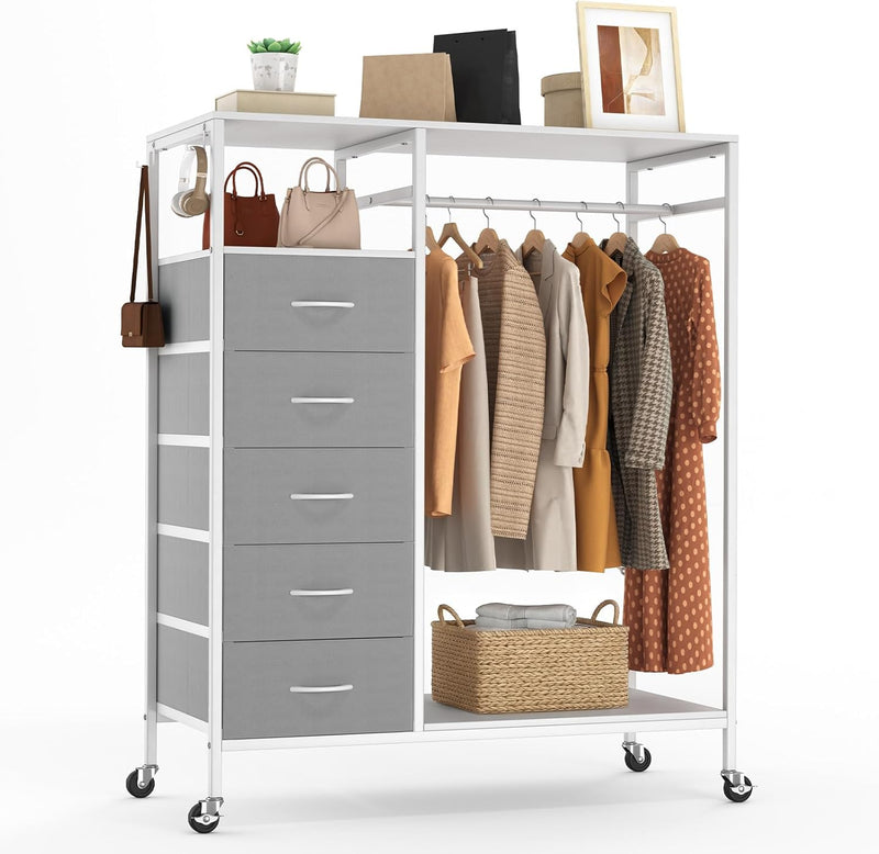 Rolling Coat Rack with 5 Drawers Mobile Closet