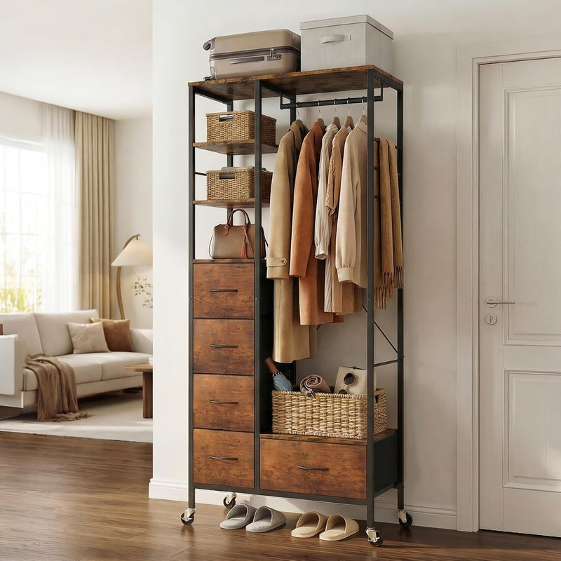 Rolling Coat Rack with 5 Drawers Mobile Closet