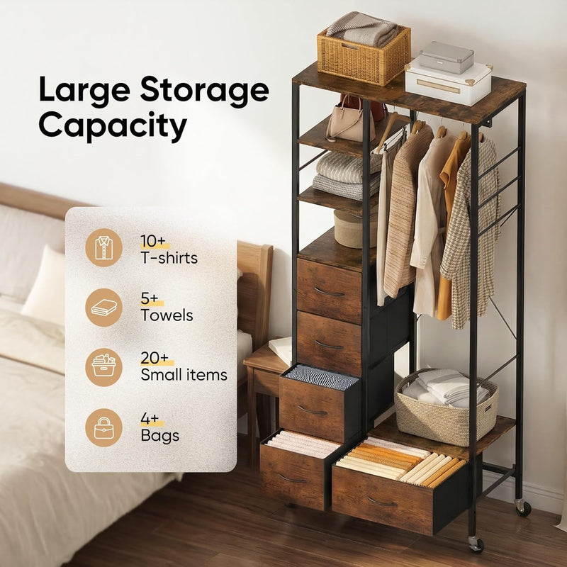 Rolling Coat Rack with 5 Drawers Mobile Closet