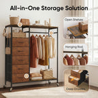 Rolling Coat Rack with 5 Drawers Mobile Closet