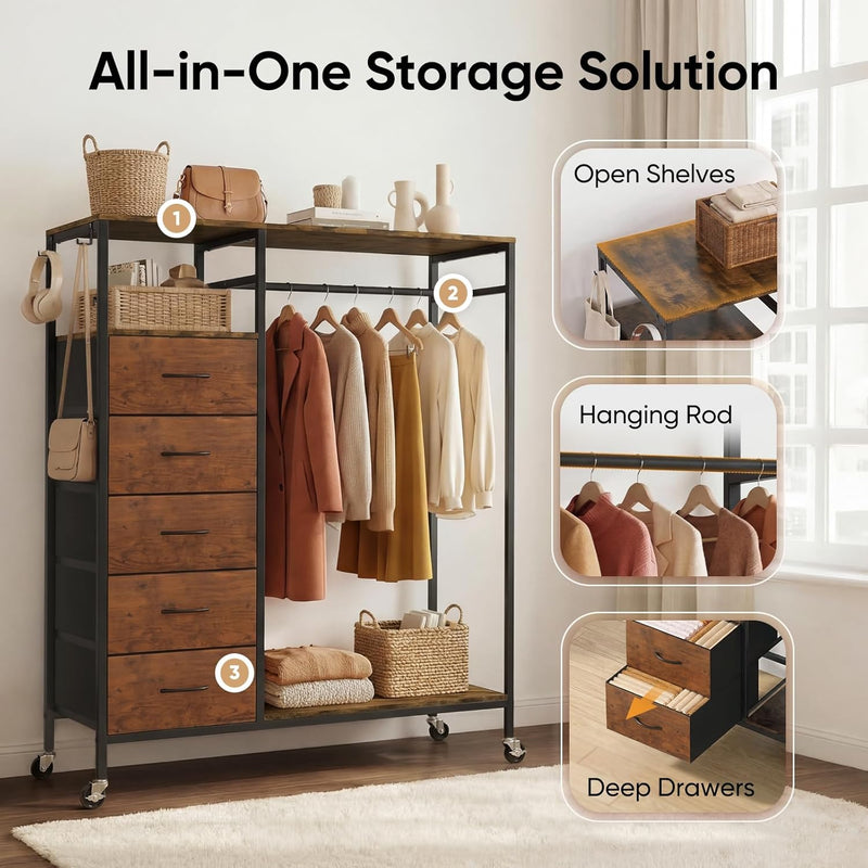 Rolling Coat Rack with 5 Drawers Mobile Closet