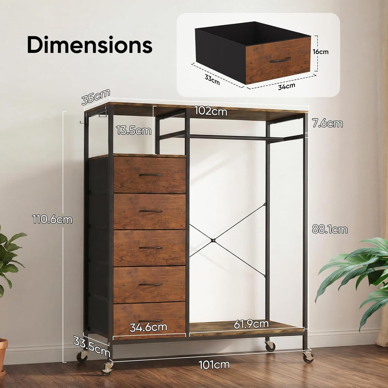 Rolling Coat Rack with 5 Drawers Mobile Closet