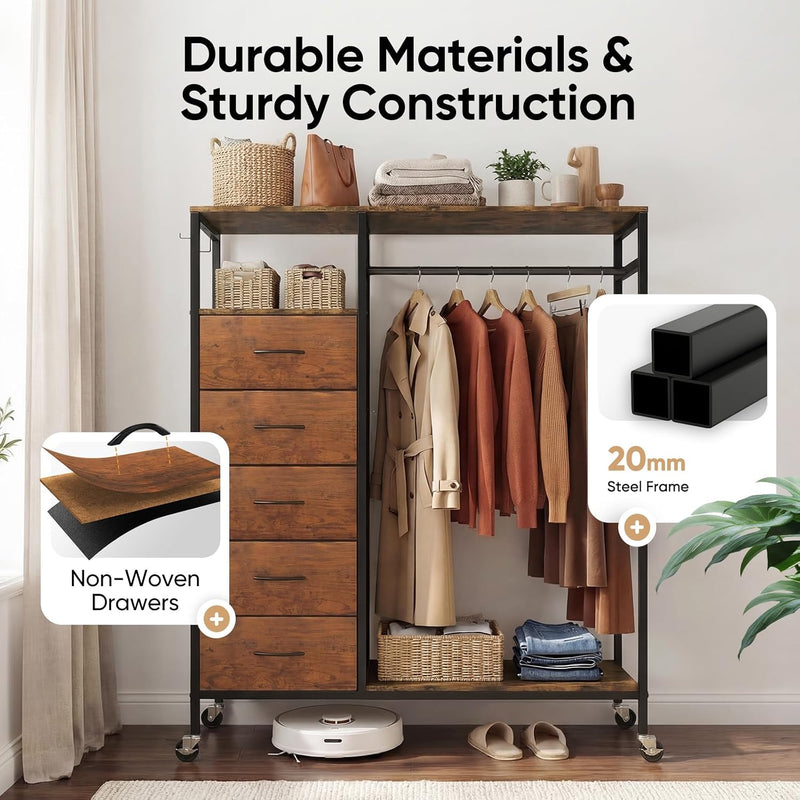 Rolling Coat Rack with 5 Drawers Mobile Closet