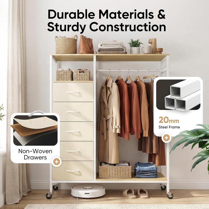 Rolling Coat Rack with 5 Drawers Mobile Closet