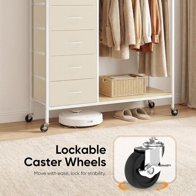 Rolling Coat Rack with 5 Drawers Mobile Closet