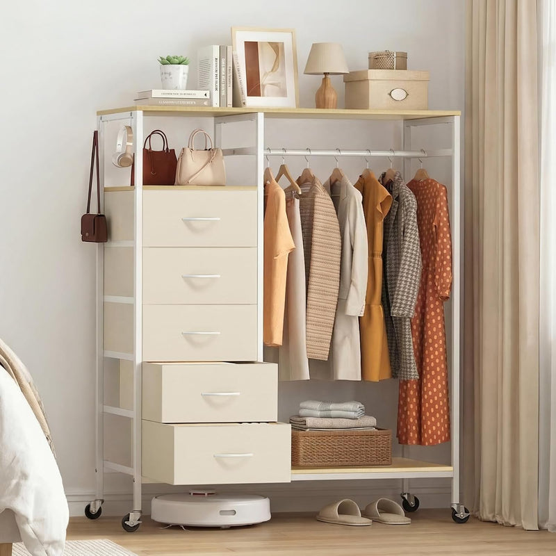 Rolling Coat Rack with 5 Drawers Mobile Closet