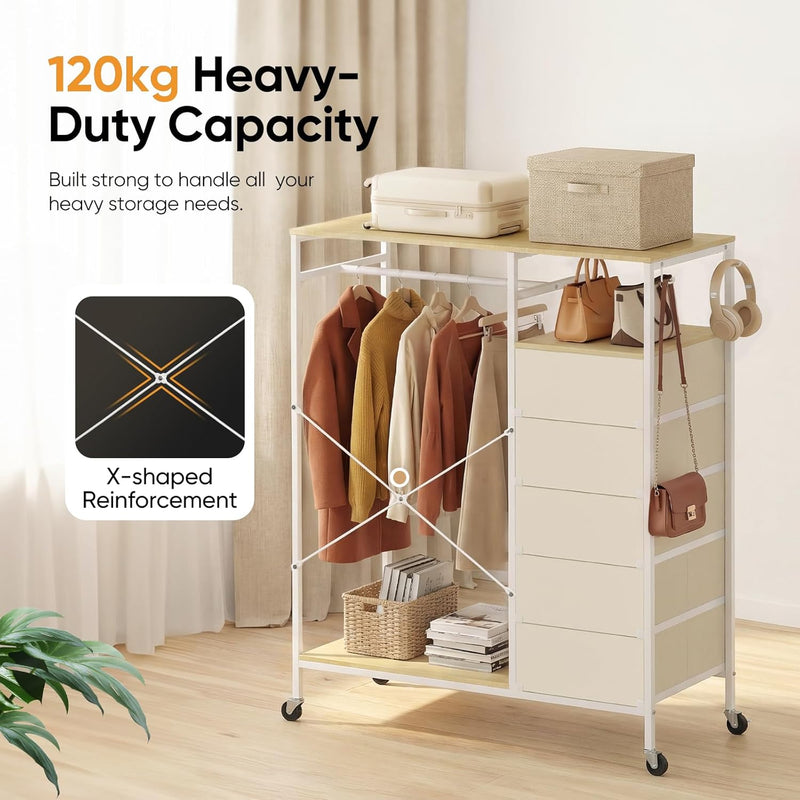Rolling Coat Rack with 5 Drawers Mobile Closet