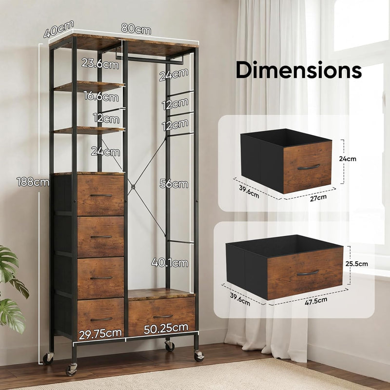 Rolling Coat Rack with 5 Drawers Mobile Closet