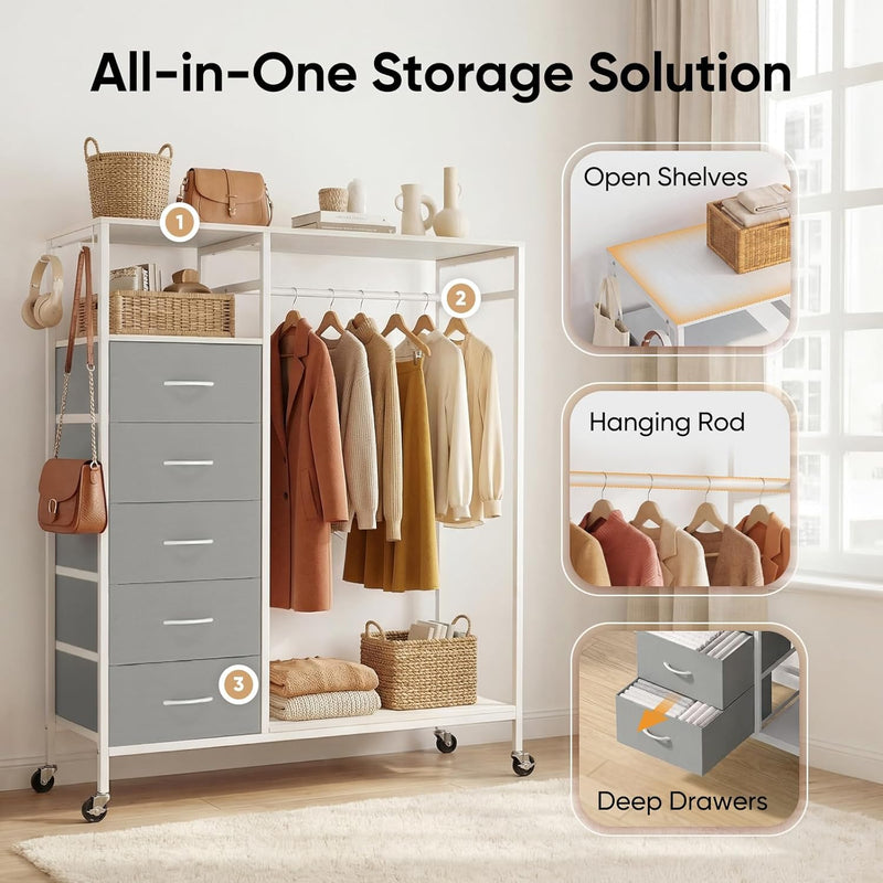 Rolling Coat Rack with 5 Drawers Mobile Closet