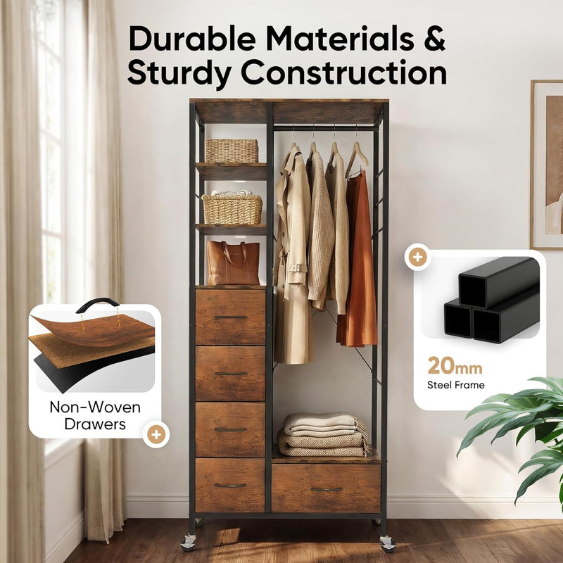 Rolling Coat Rack with 5 Drawers Mobile Closet