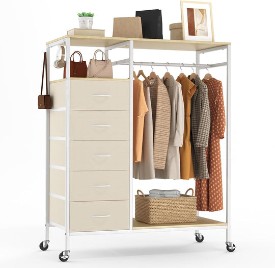 Rolling Coat Rack with 5 Drawers Mobile Closet