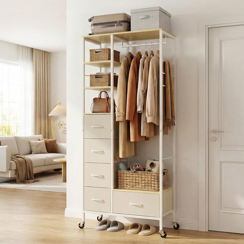 Rolling Coat Rack with 5 Drawers Mobile Closet
