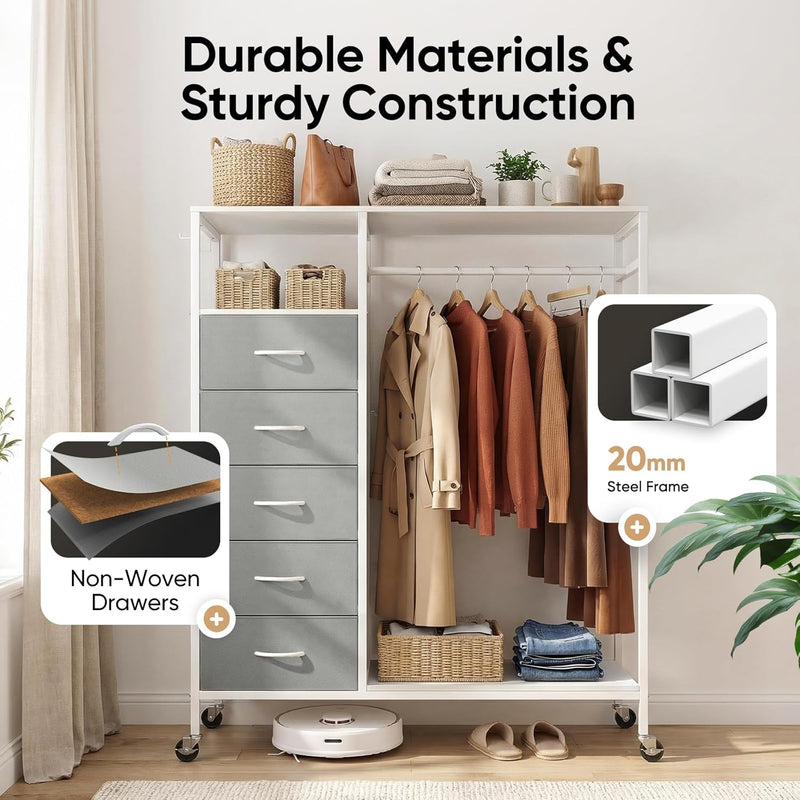 Rolling Coat Rack with 5 Drawers Mobile Closet
