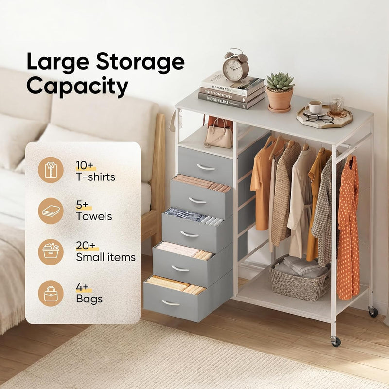 Rolling Coat Rack with 5 Drawers Mobile Closet