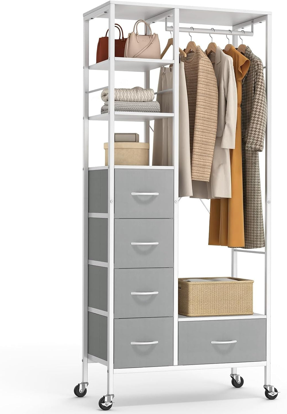 Rolling Coat Rack with 5 Drawers Mobile Wardrobe