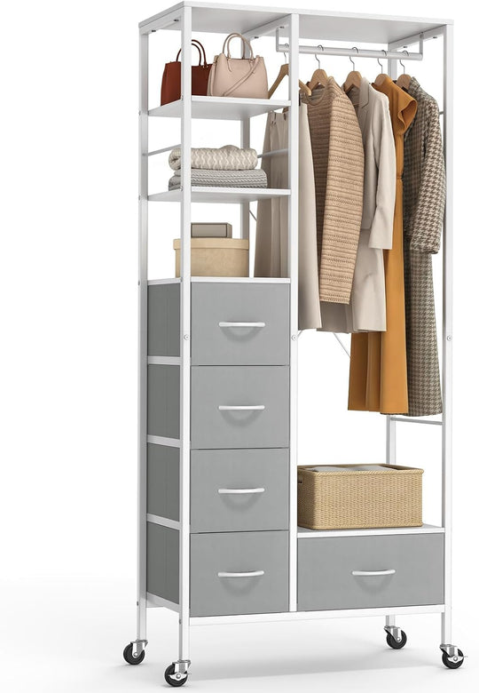 Rolling Coat Rack with 5 Drawers Mobile Wardrobe