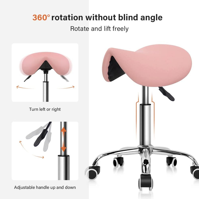 Rolling Saddle Stool PU Leather Swivel Adjustable