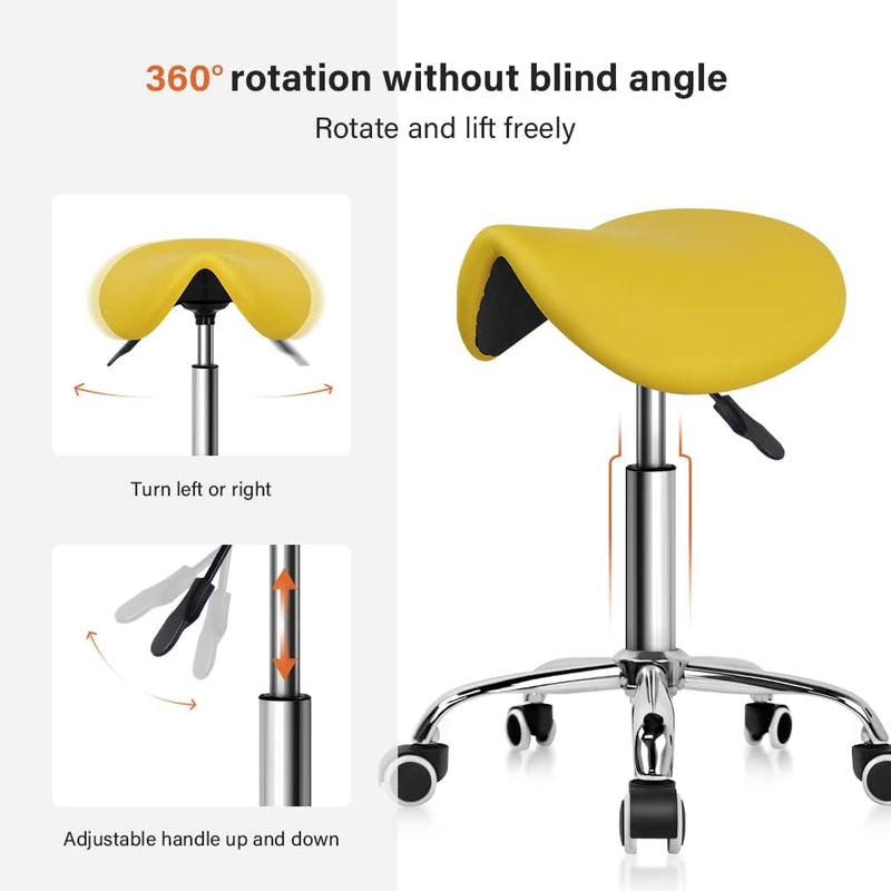 Rolling Saddle Stool PU Leather Swivel Adjustable