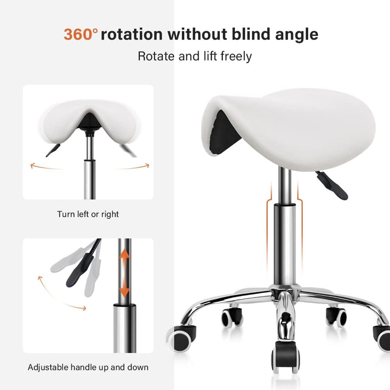 Rolling Saddle Stool PU Leather Swivel Adjustable