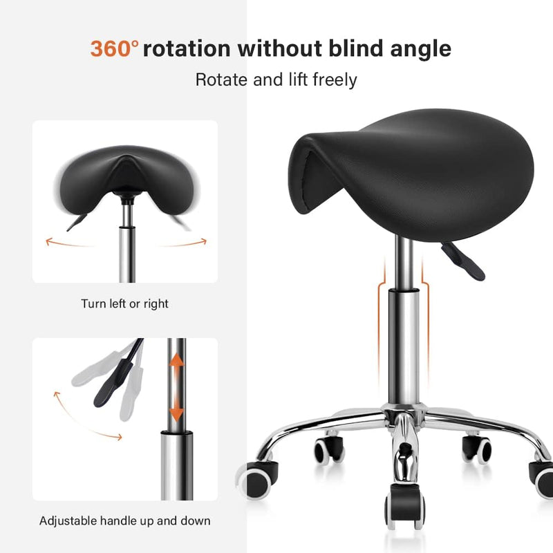 Rolling Saddle Stool PU Leather Swivel Adjustable
