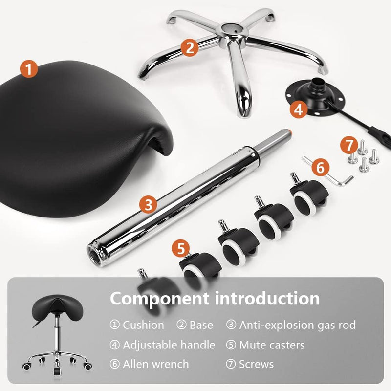 Rolling Saddle Stool PU Leather Swivel Adjustable
