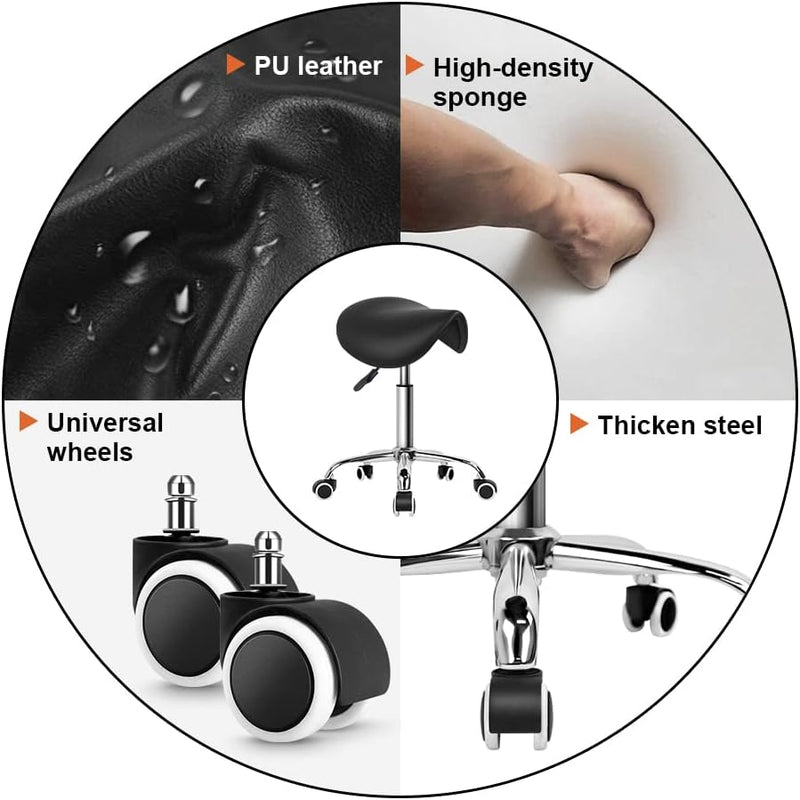 Rolling Saddle Stool PU Leather Swivel Adjustable