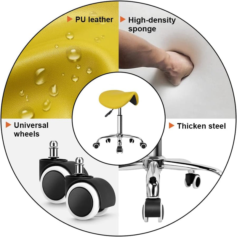 Rolling Saddle Stool PU Leather Swivel Adjustable