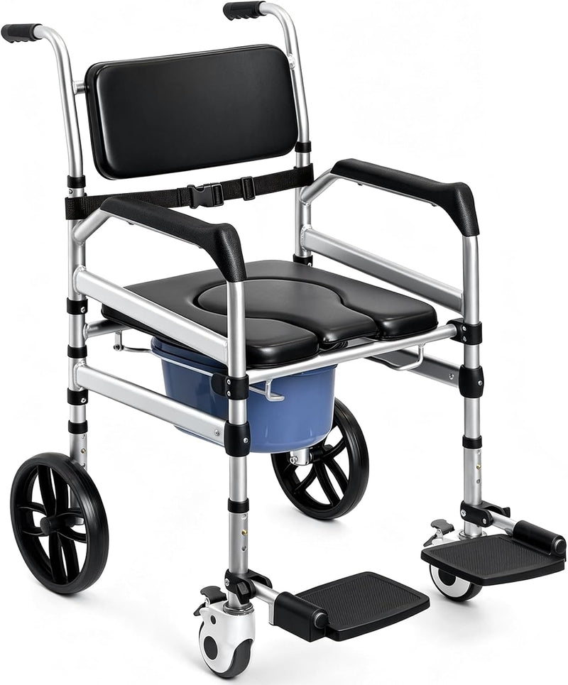 Rolling Shower Wheelchair 4-In-1 Commode Chair for Seniors