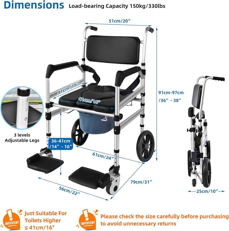 Rolling Shower Wheelchair 4-In-1 Commode Chair for Seniors