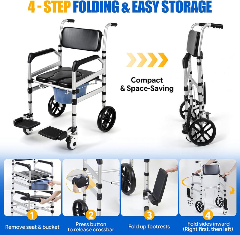 Rolling Shower Wheelchair 4-In-1 Commode Chair for Seniors