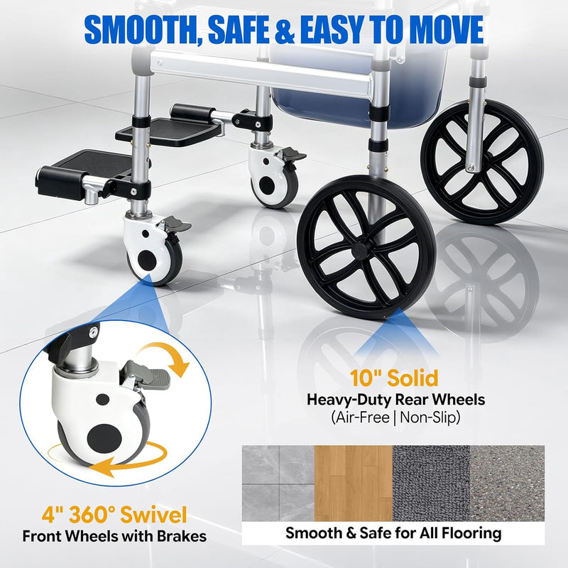 Rolling Shower Wheelchair 4-In-1 Commode Chair for Seniors