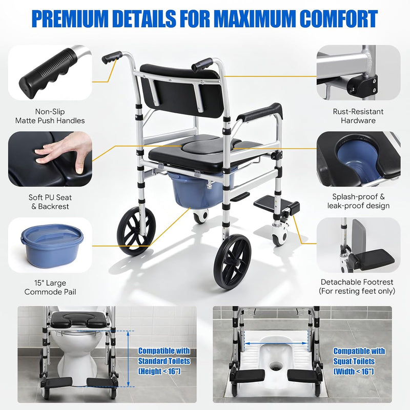 Rolling Shower Wheelchair 4-In-1 Commode Chair for Seniors