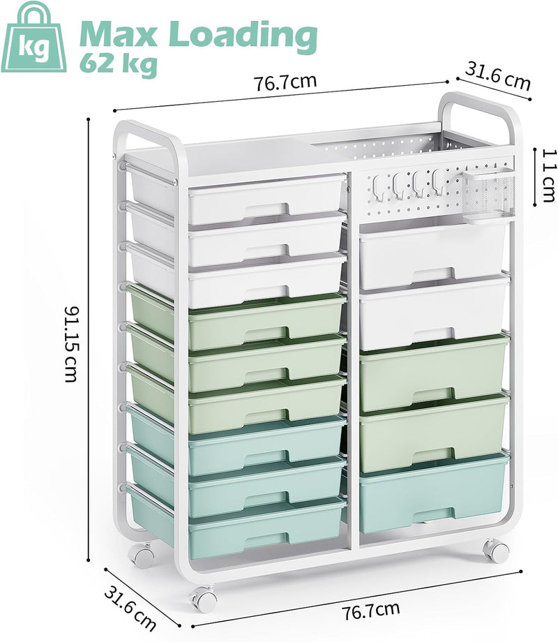 Rolling Storage Cart with 14 Drawers Organiser Tabletop