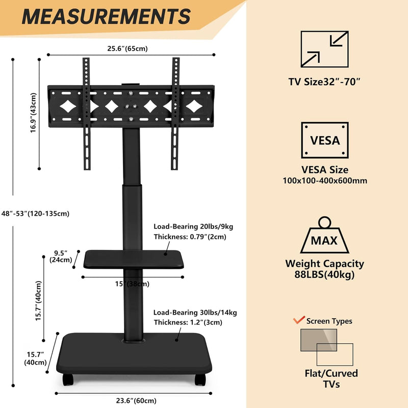 Rolling TV Stand for 32-70 Inch Flat Curved